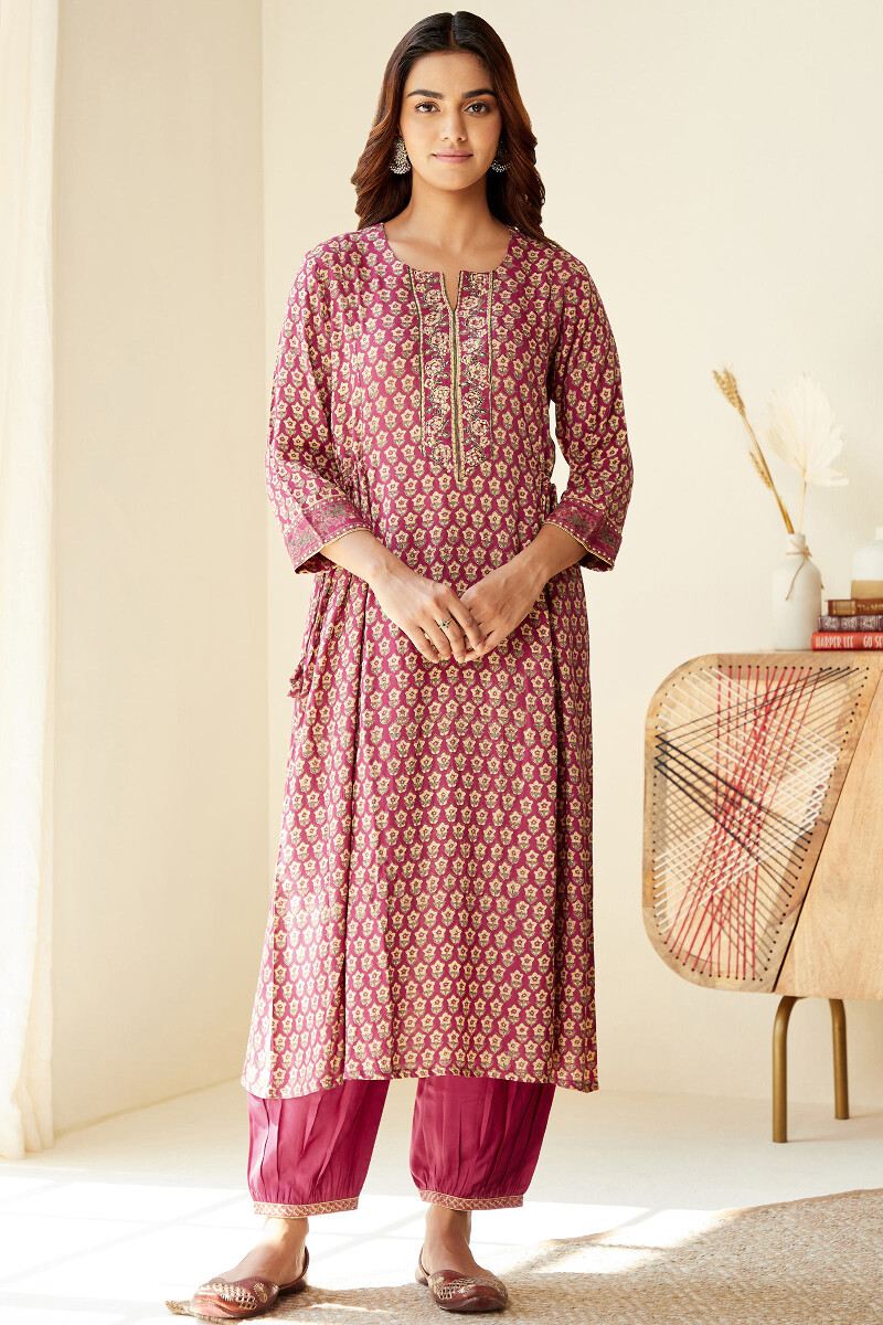 Raspberry Hand Block-Printed A-Line Modal Kurta