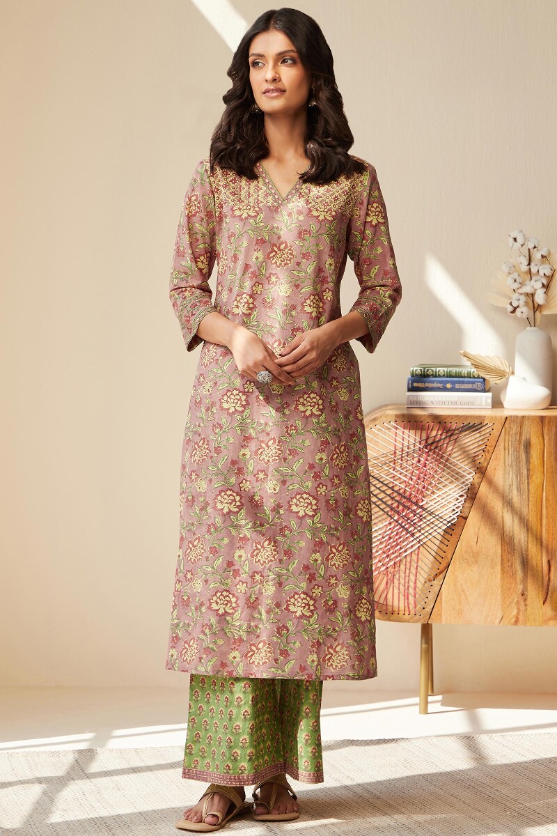 Mauve Hand Block-Printed Straight Cotton Kurta