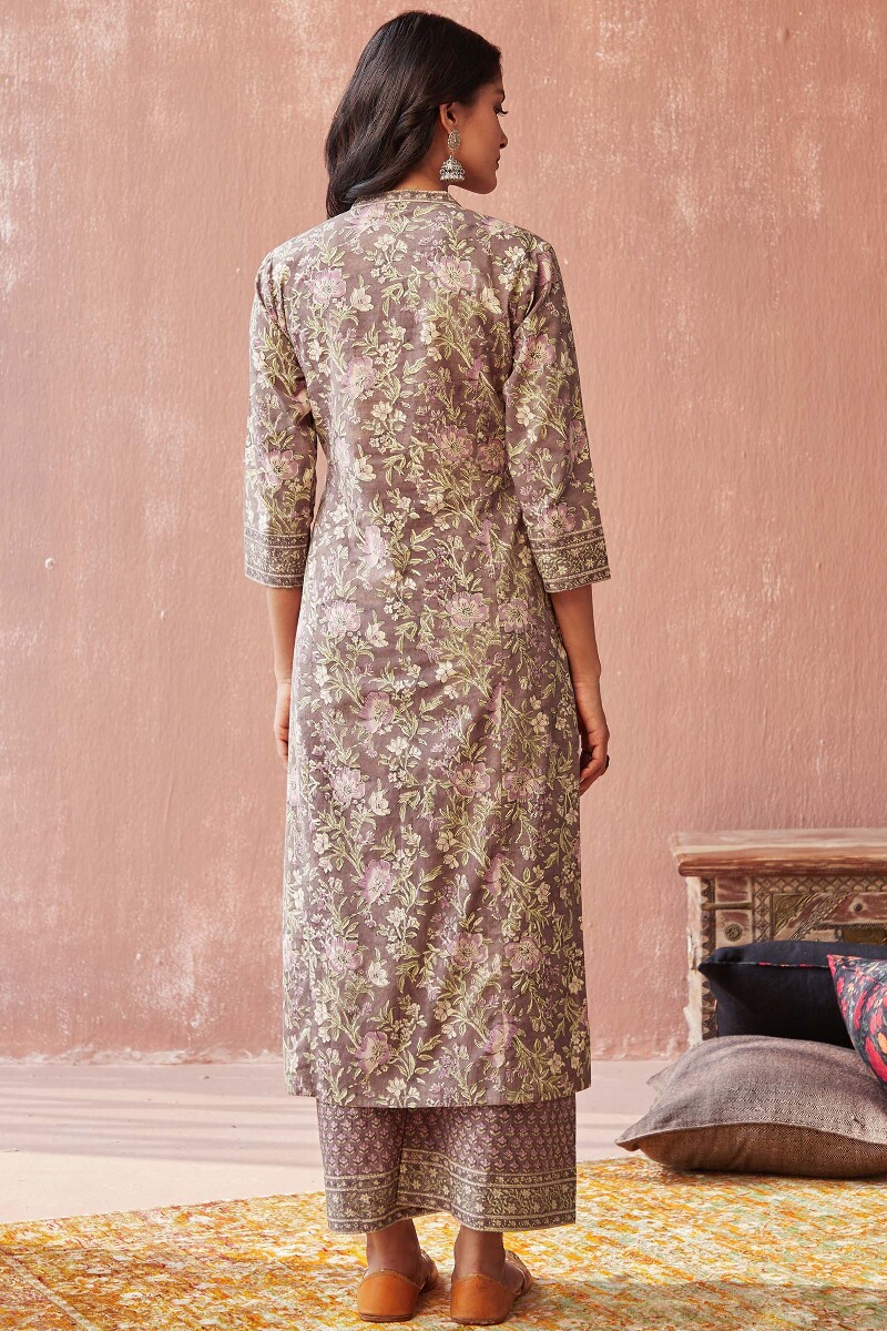 Brown Hand Block-Printed Straight Cotton Kurta
