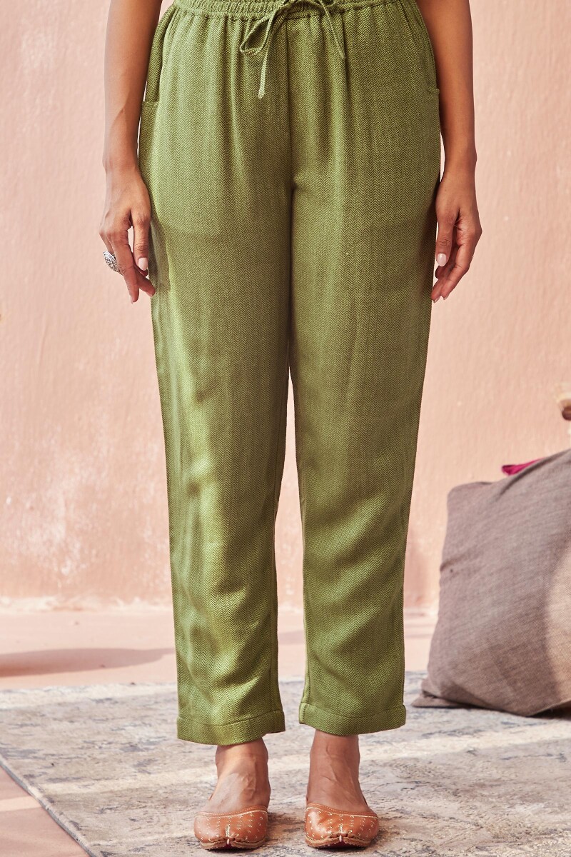 Green Handcrafted Faux Wool Narrow Pants