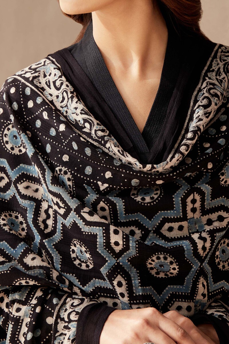 Black Hand Block Printed Cotton Dupatta