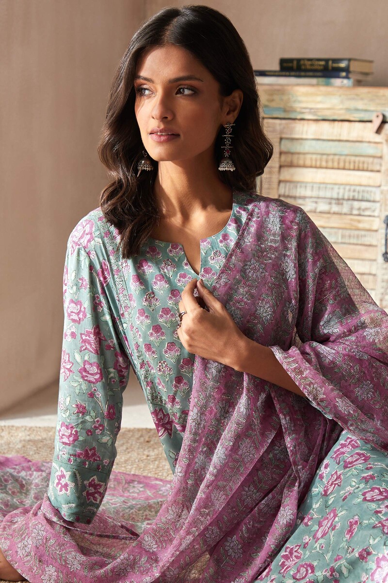 Green Hand Block-Printed Straight Viscose Kurta