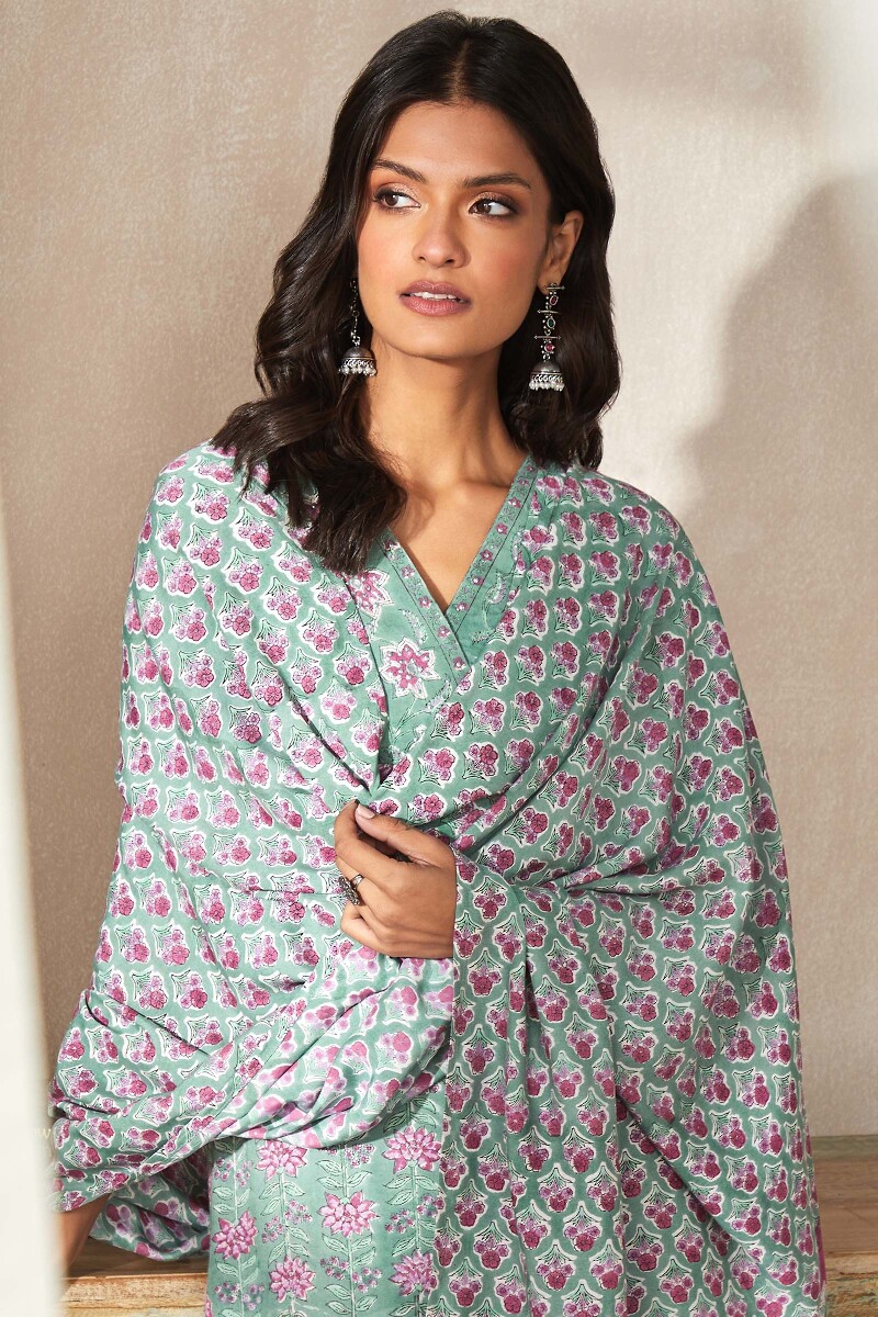 Green Hand Block-Printed Straight Viscose Kurta