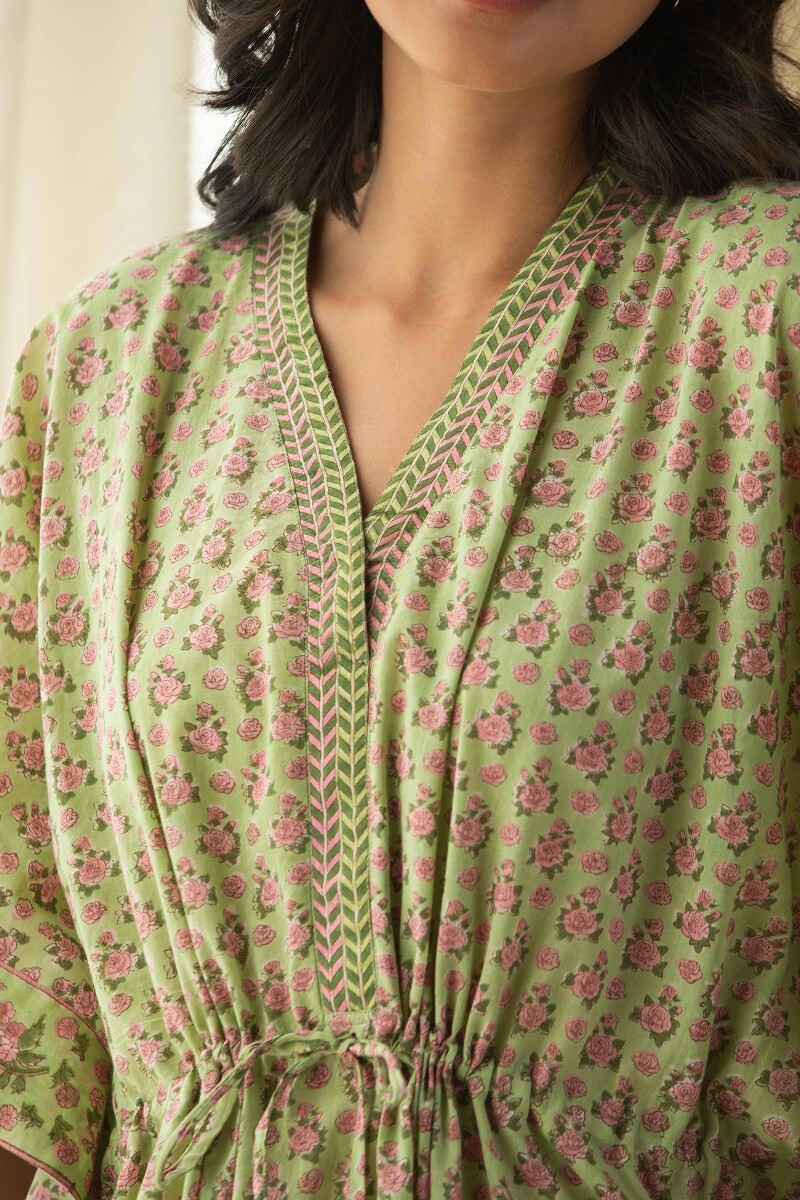 Green Hand Block-Printed Cotton Mul Kaftan