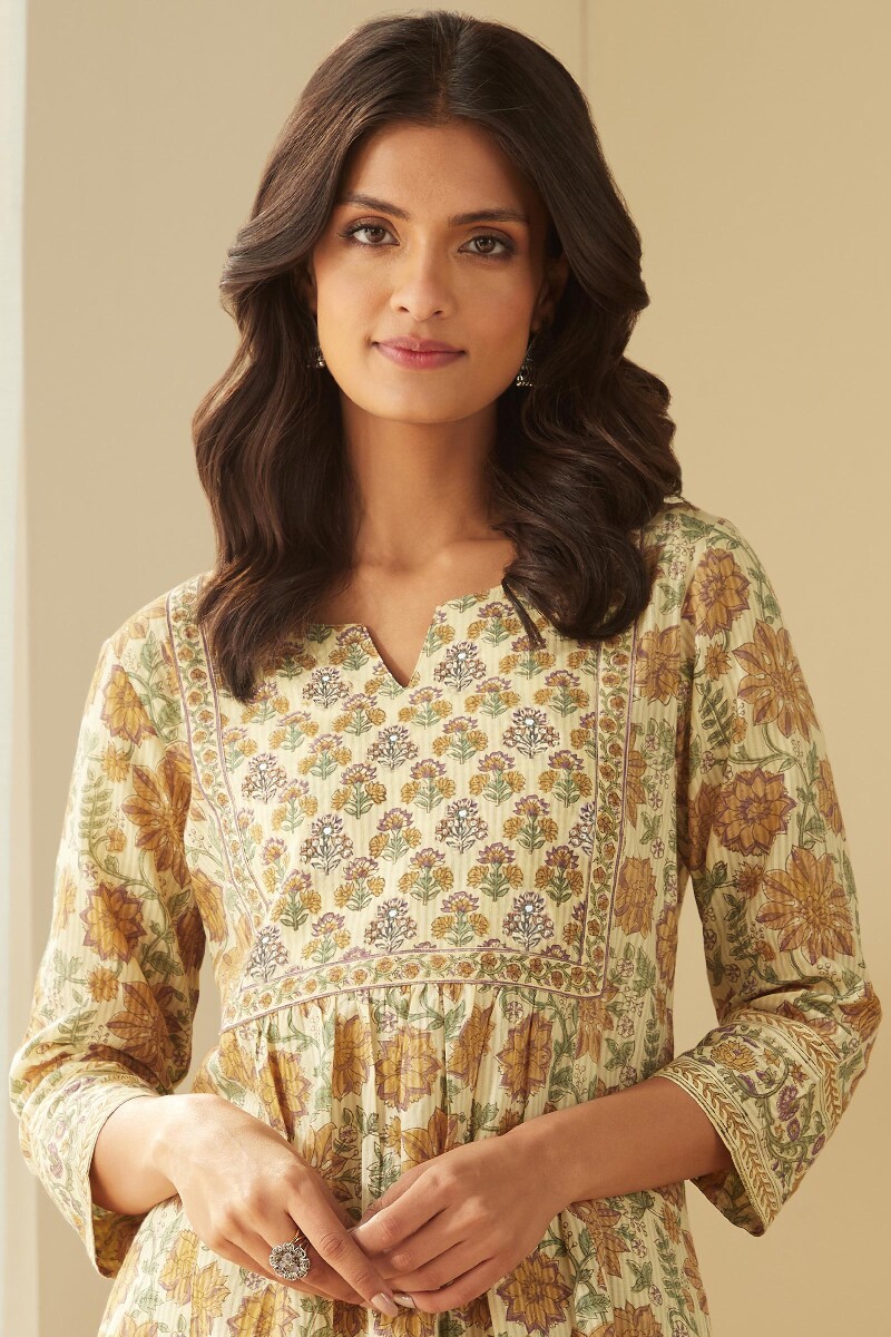 Beige Hand Block-Printed A-Line Cotton Dobby Kurta