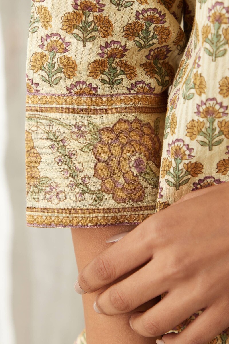 Cream Hand Block-Printed Cotton Dobby Loungewear Set