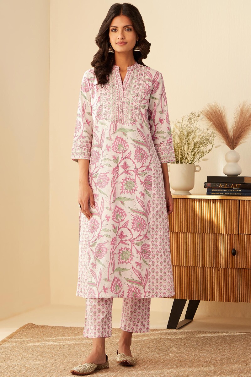 White Hand Block-Printed Straight Cotton Kurta