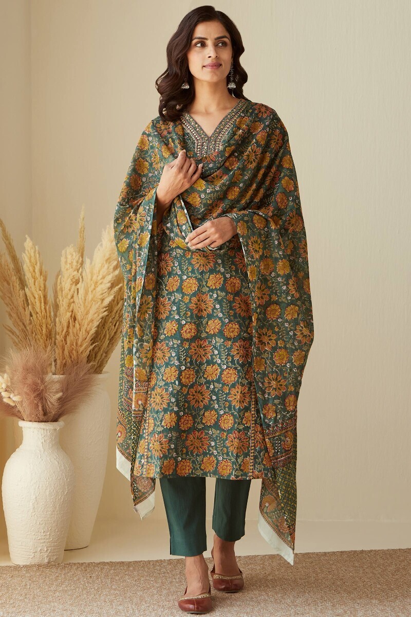 Green Hand Block-Printed Straight Cotton Kurta