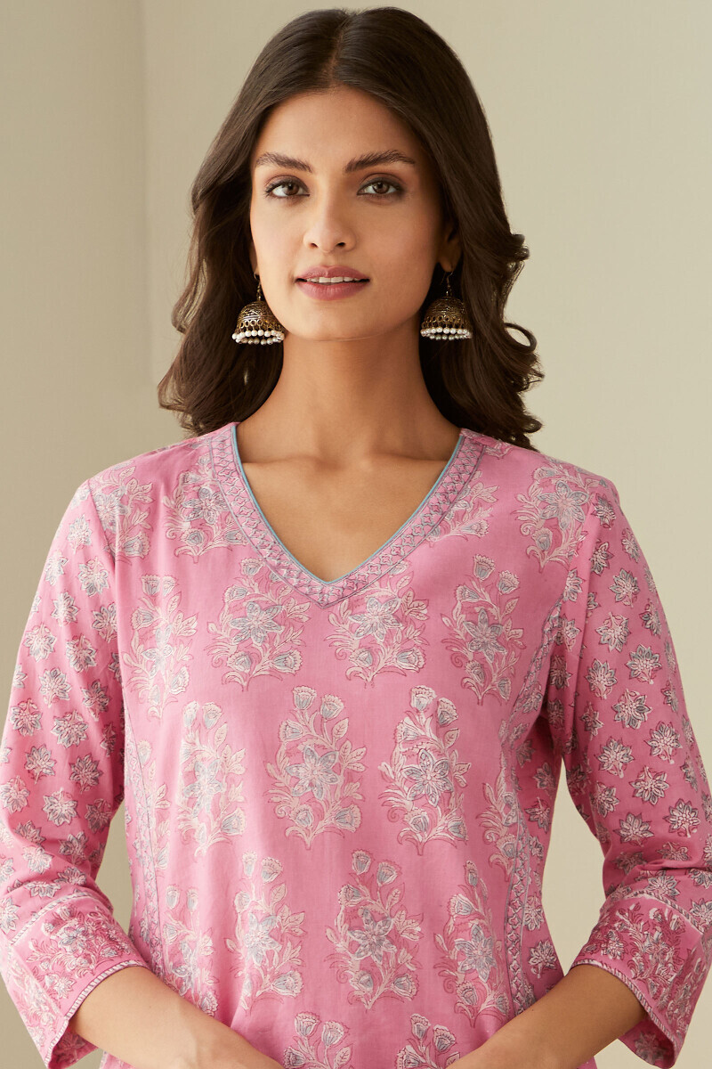 Pink Hand Block-Printed Straight Cotton Kurta