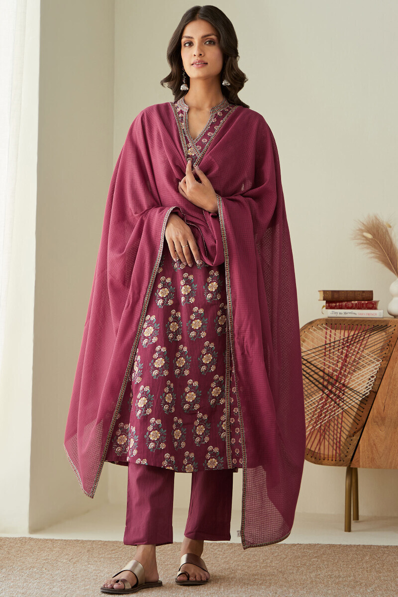 Red Handcrafted Cotton Dobby Narrow Pants