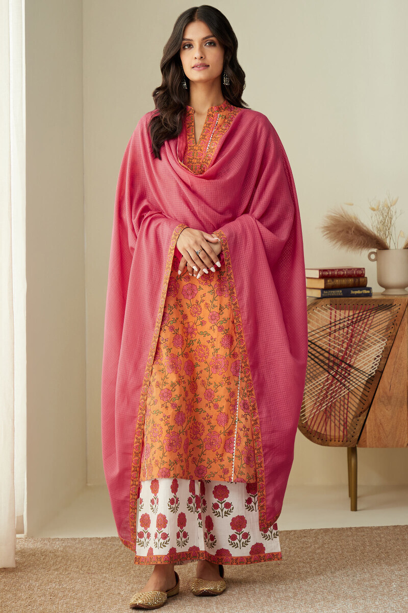 Orange Hand Printed Straight Cotton Kurta