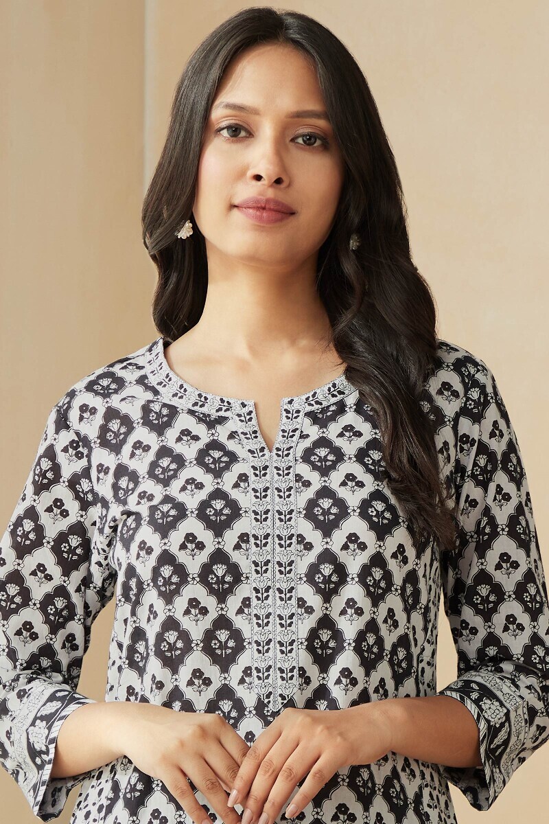 Blue Hand Printed Straight Cotton Kurta