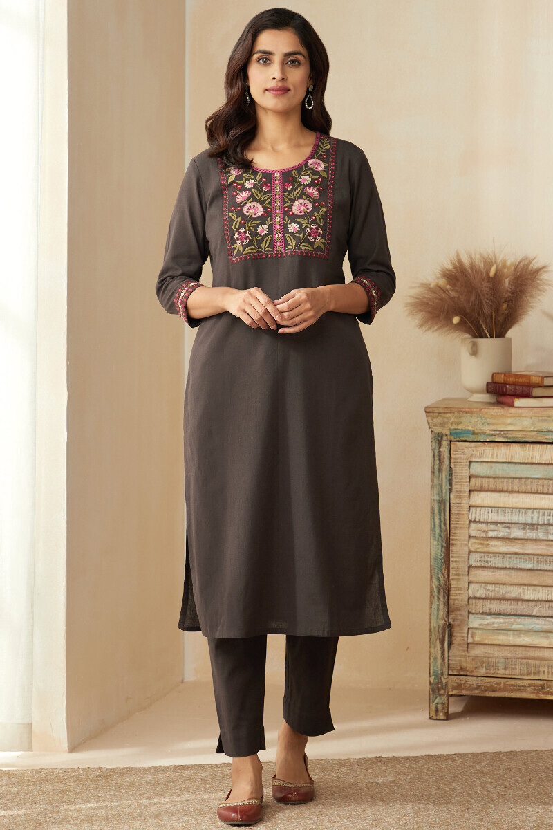 Brown Handcrafted Straight Cotton Flax Kurta