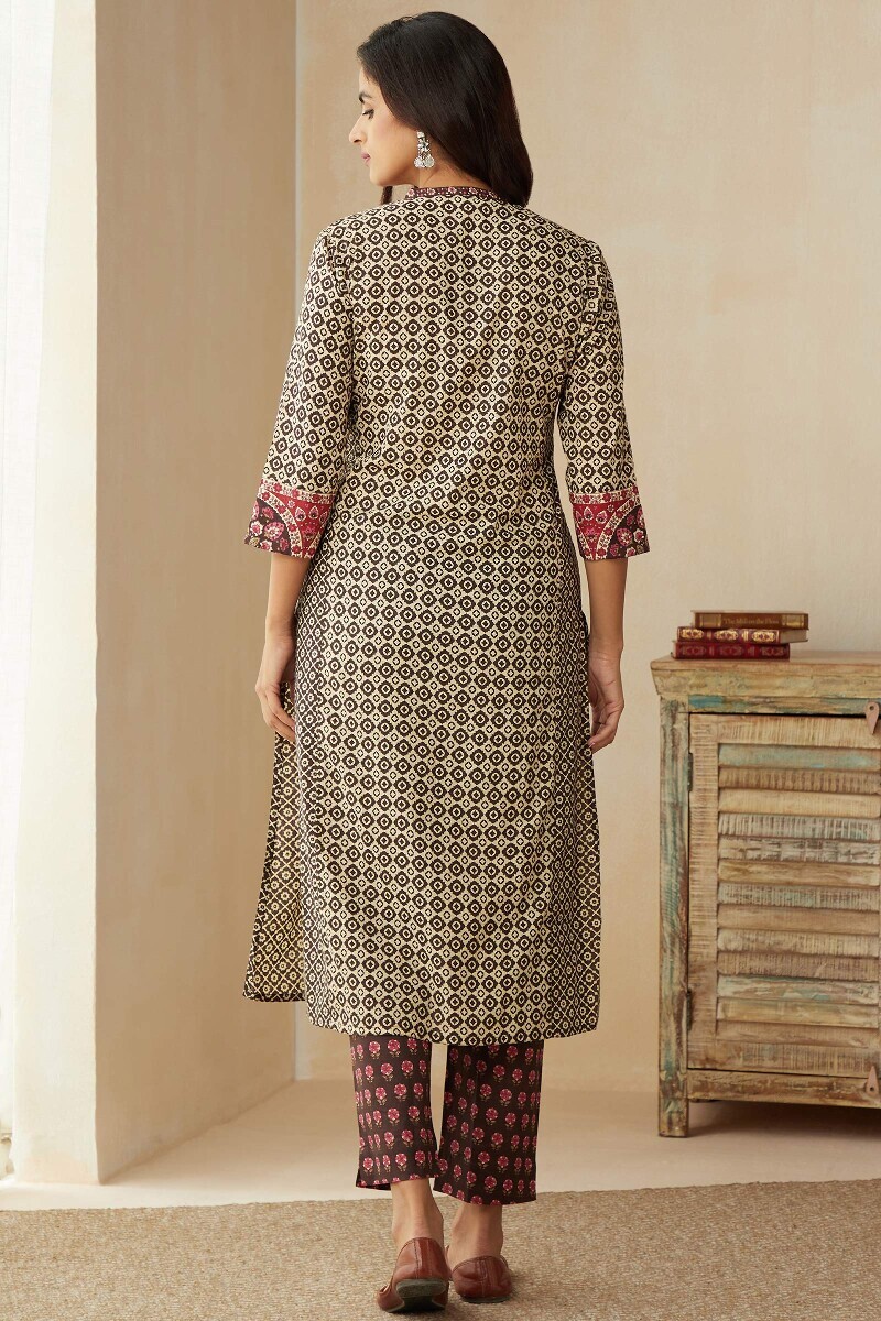 Brown Hand Printed Straight Cotton Kurta