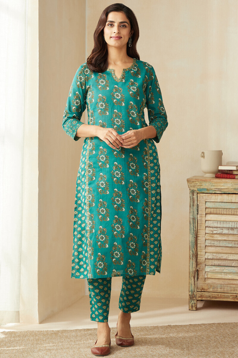 Teal Hand Printed Straight Cotton Dobby Kurta