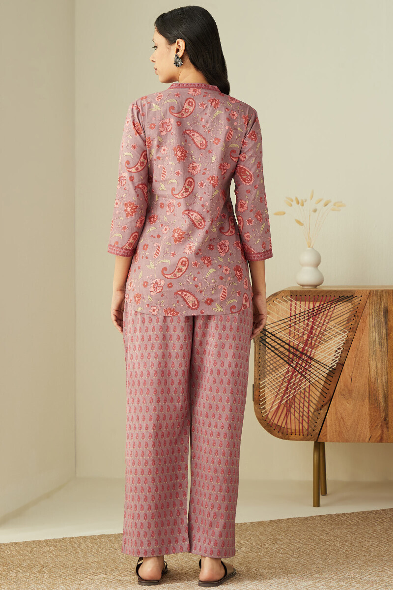 Mauve Hand Printed Cotton Loungewear Set