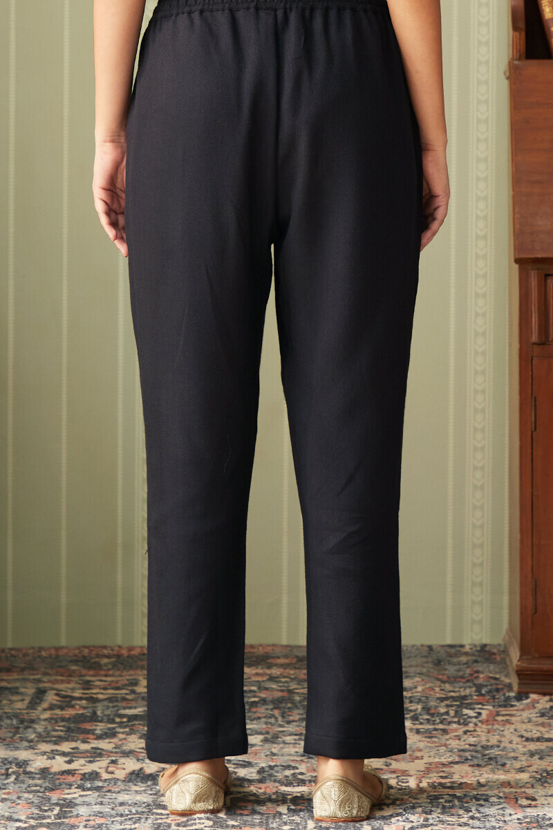 Black Handcrafted Faux Wool Narrow Pants