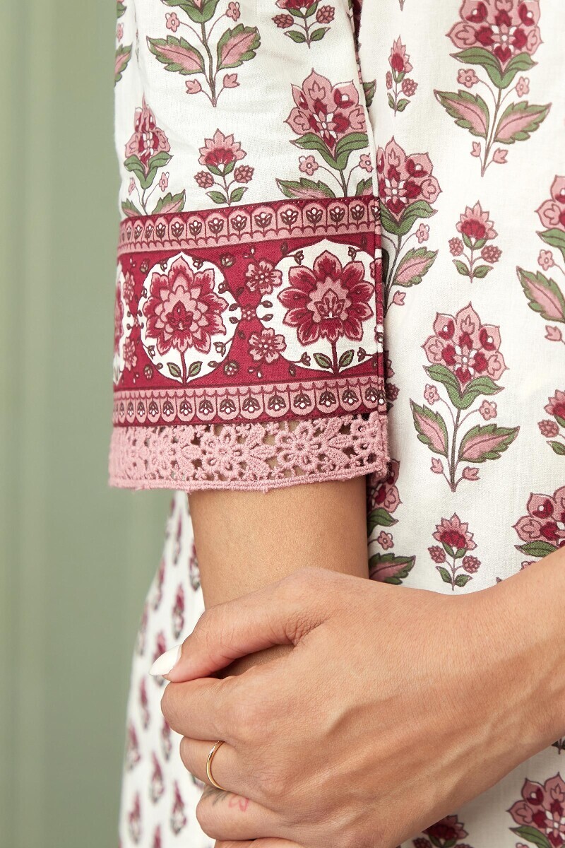Off-White Hand Printed Straight Cotton Kurta