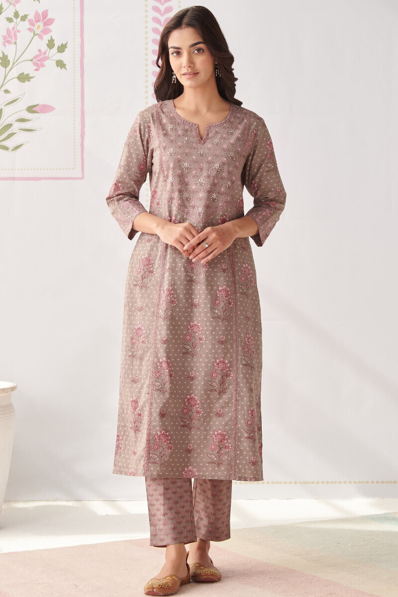 Grey Hand Printed Straight Cotton Kurta