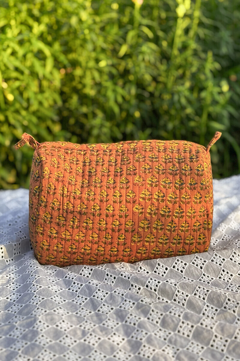 Peach Hand Block Printed Cotton Toiletry Pouch