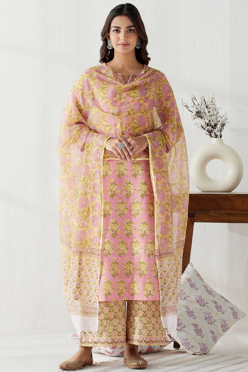 Pink Hand Block Printed Straight Cotton Flax Kurta