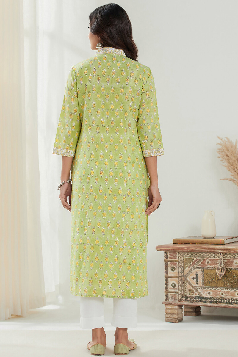 Green Hand Block Printed Straight Cotton Kurta