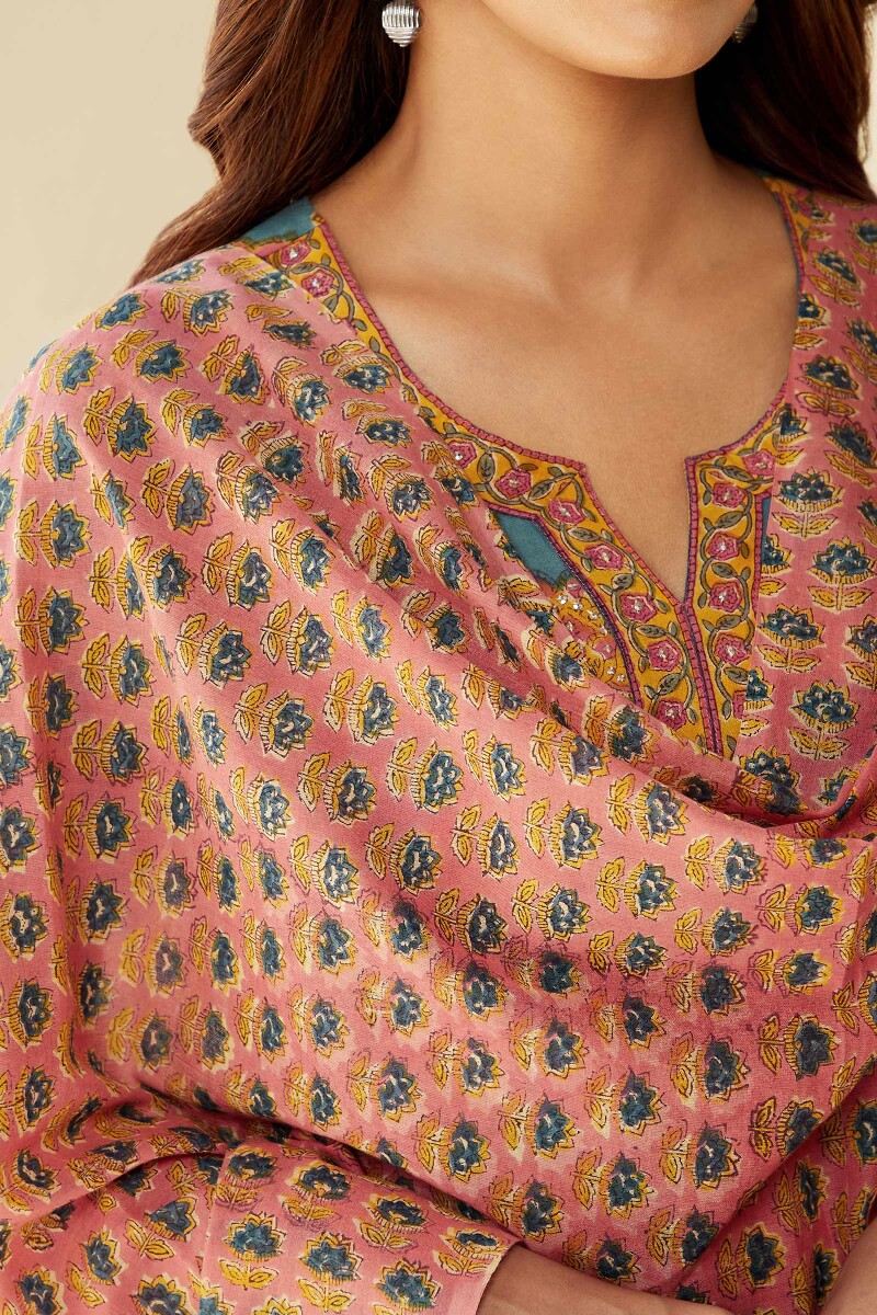 Peach Hand Block-Printed Cotton Mul Dupatta