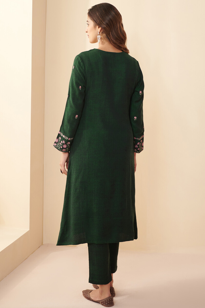 Green Handcrafted A-Line Faux Wool Kurta