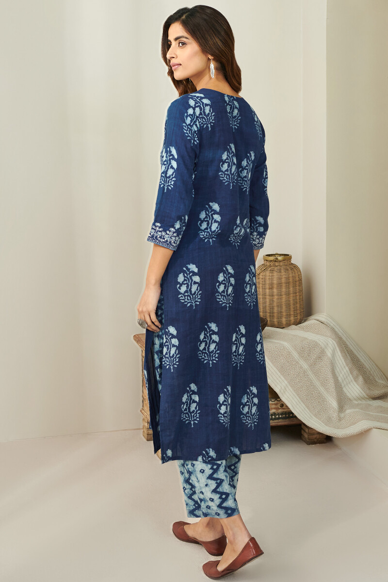 Indigo Hand Block Printed Straight Cotton Dobby Kurta