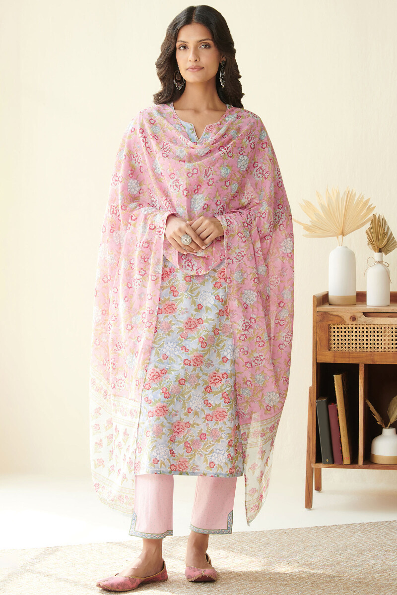 Pink Hand Block Printed Cotton Mul Dupatta