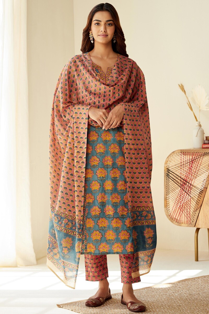 Peach Hand Block-Printed Cotton Mul Dupatta