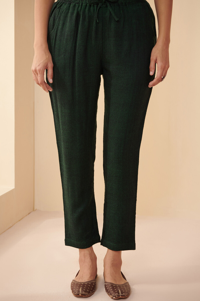 Green Handcrafted Faux Wool Handloom Narrow Pants