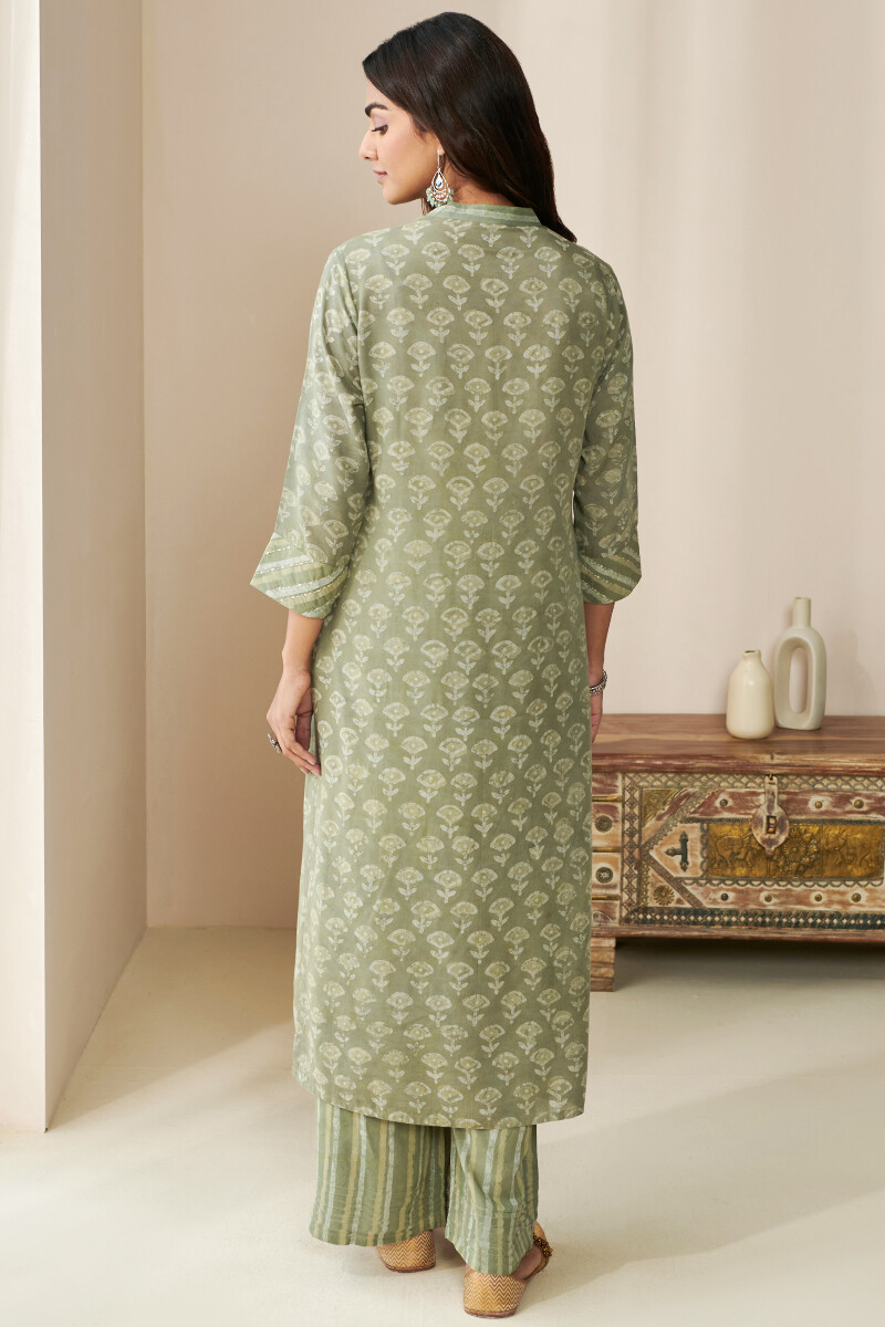 Green Hand Block Printed Straight Modal Kurta