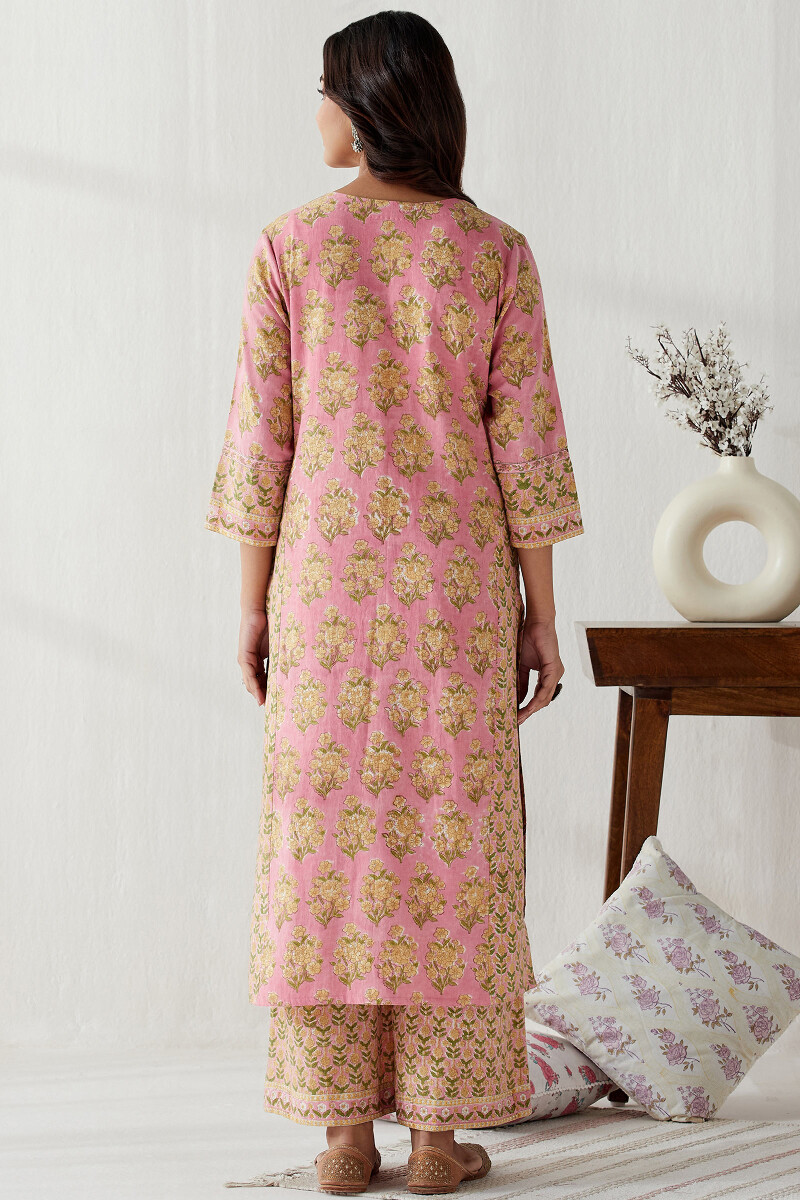 Pink Hand Block Printed Straight Cotton Flax Kurta