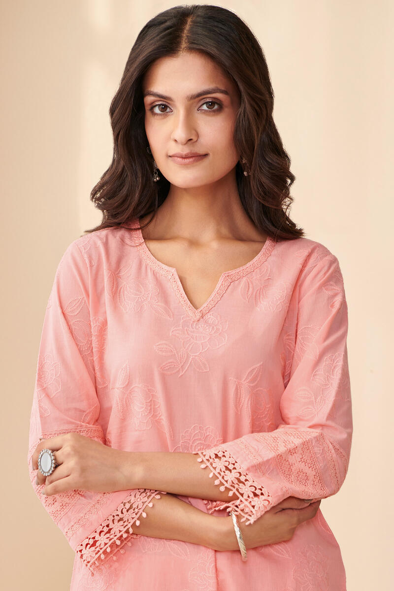 Pink Handcrafted Straight Cotton Kurta