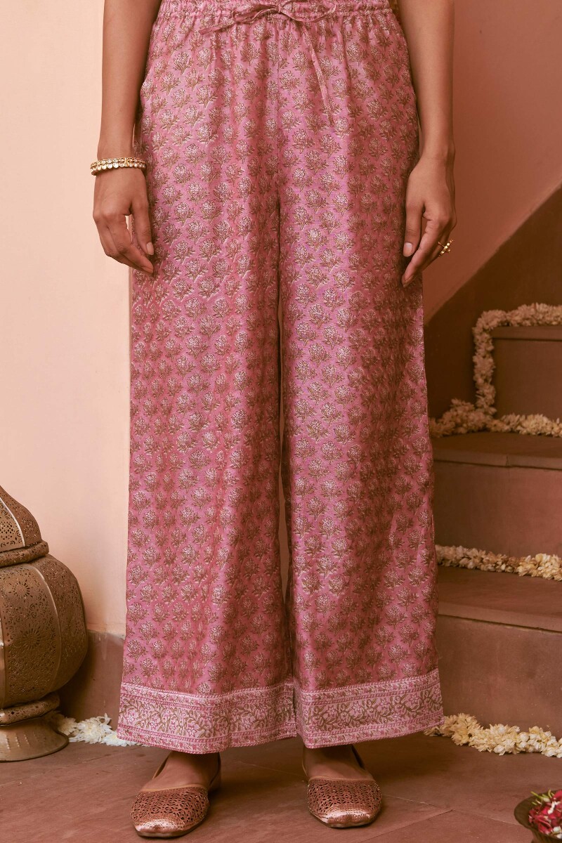 Fuchsia Pink Hand Block-Printed Chanderi Farsi