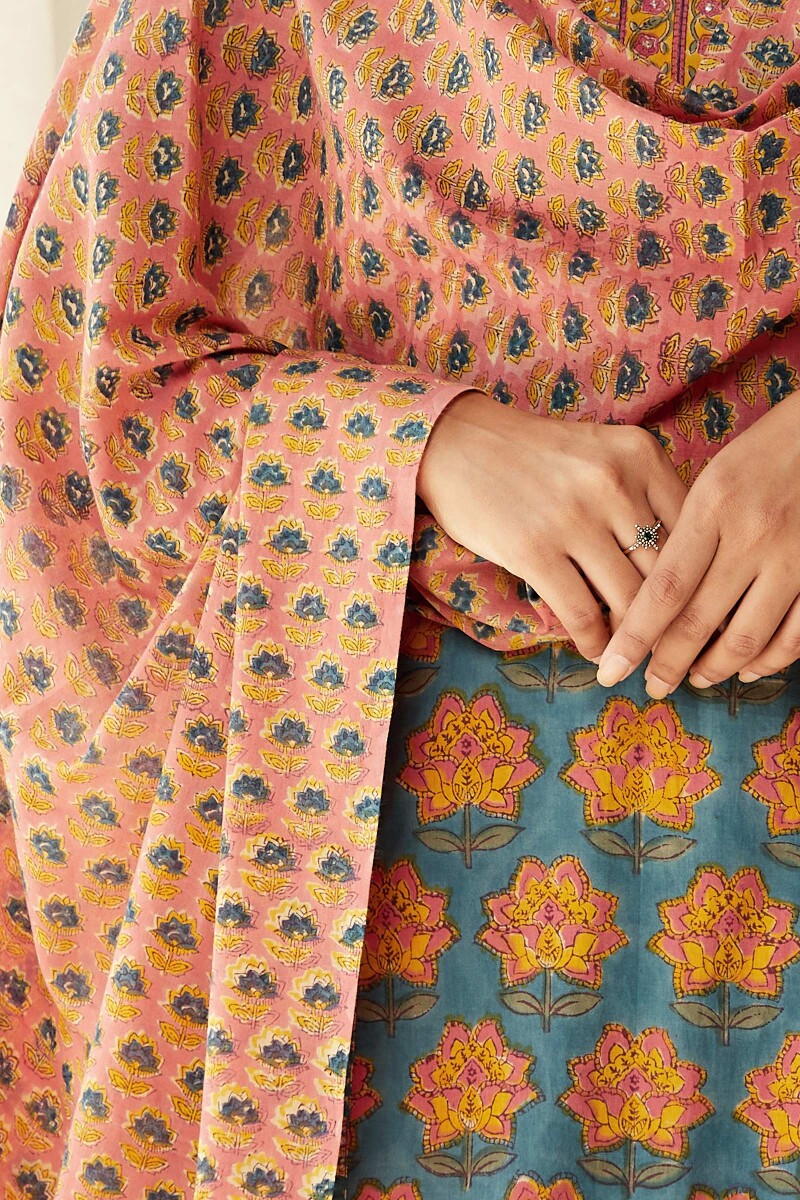 Peach Hand Block-Printed Cotton Mul Dupatta