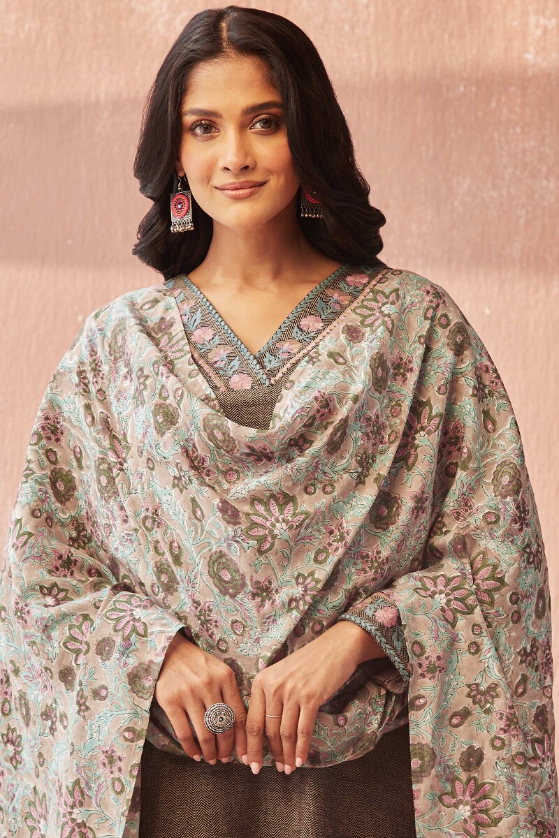 Brown Hand Block-Printed Modal Dupatta