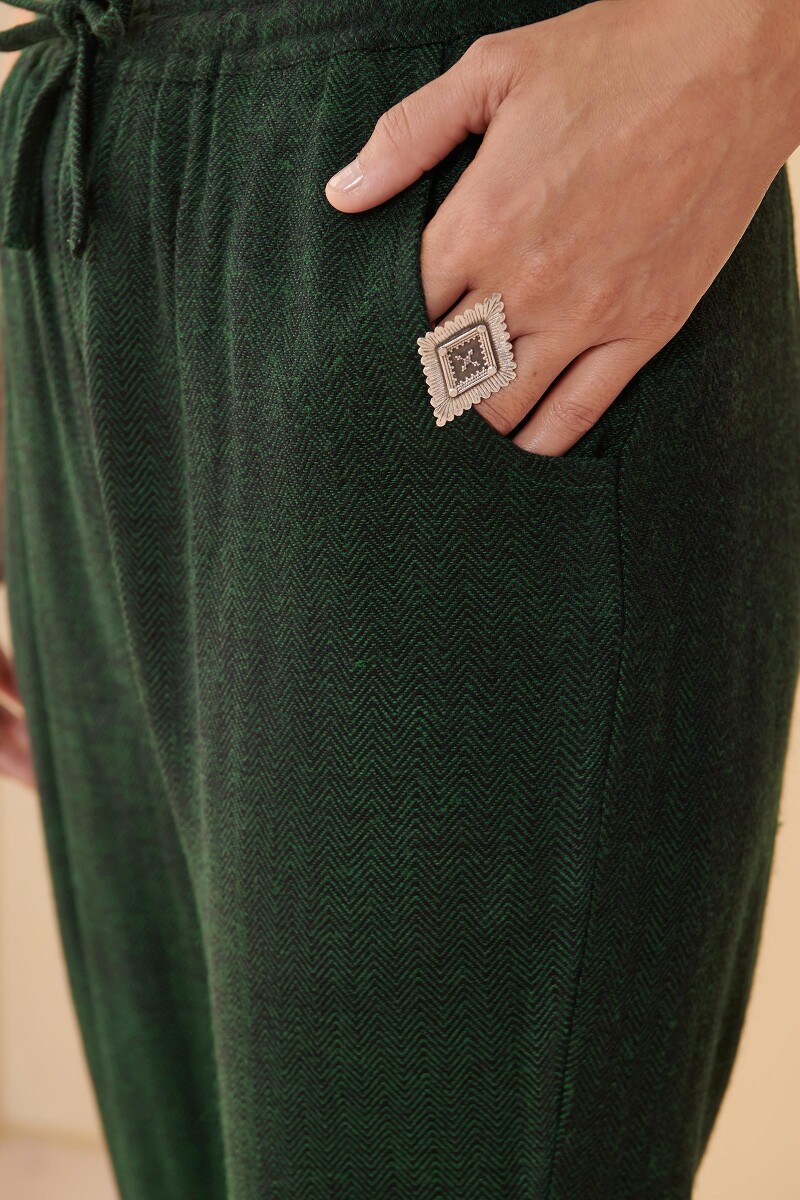 Green Handcrafted Faux Wool Handloom Narrow Pants