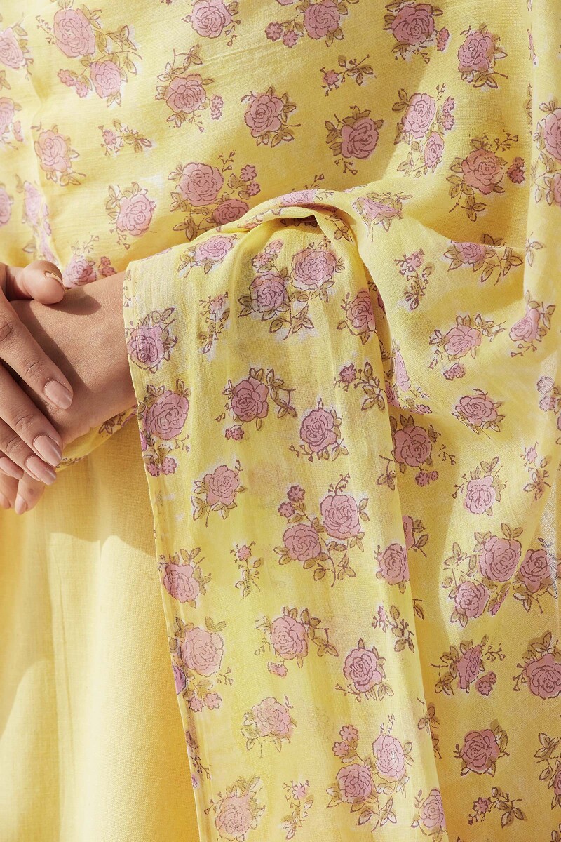 Yellow Hand Block Printed Cotton Mul Dupatta