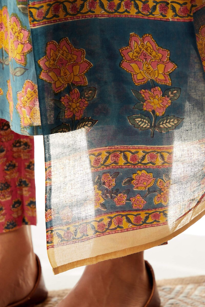 Peach Hand Block-Printed Cotton Mul Dupatta