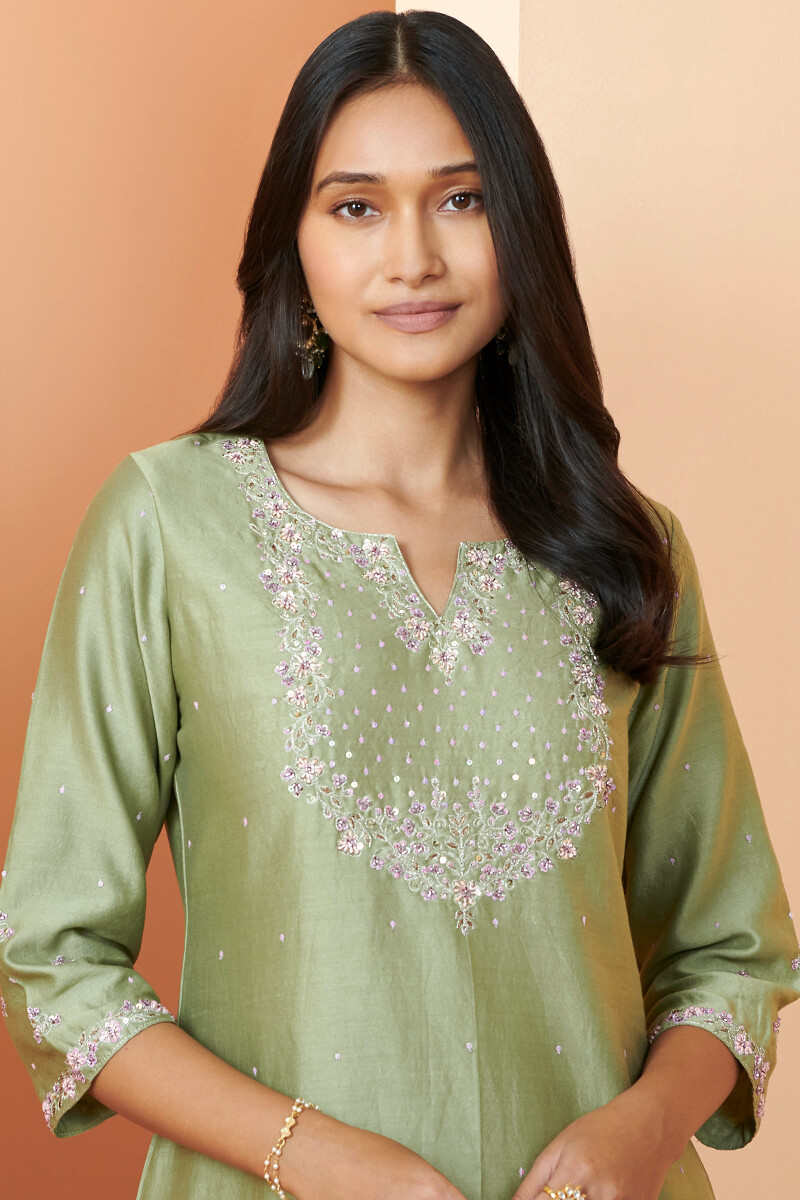 Green Handcrafted Straight Chanderi Kurta