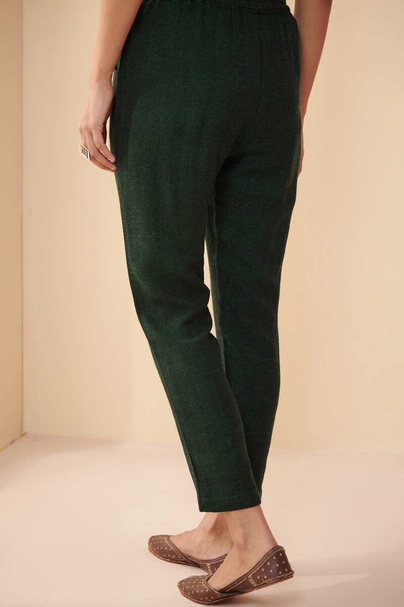 Green Handcrafted Faux Wool Handloom Narrow Pants