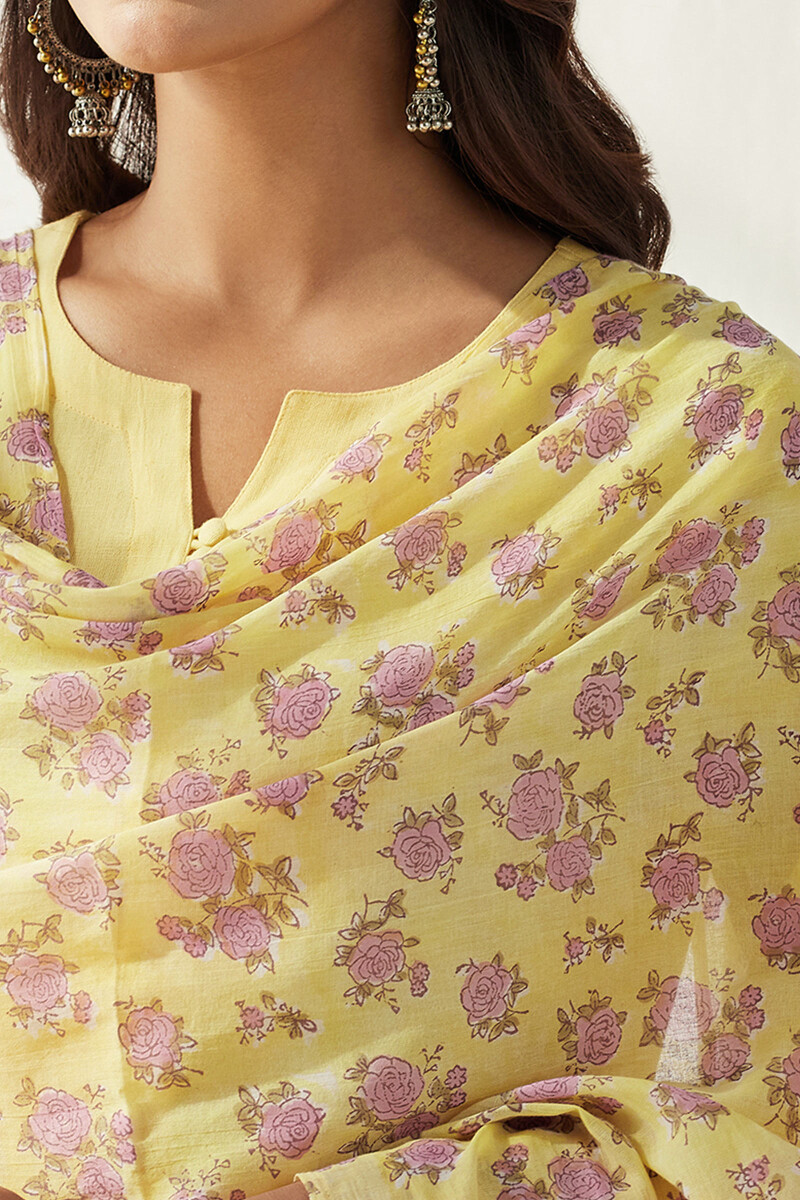 Yellow Hand Block Printed Cotton Mul Dupatta