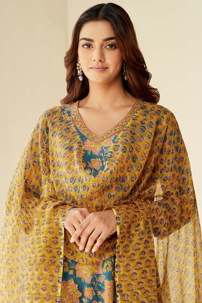 Yellow Hand Block-Printed Kota Dupatta