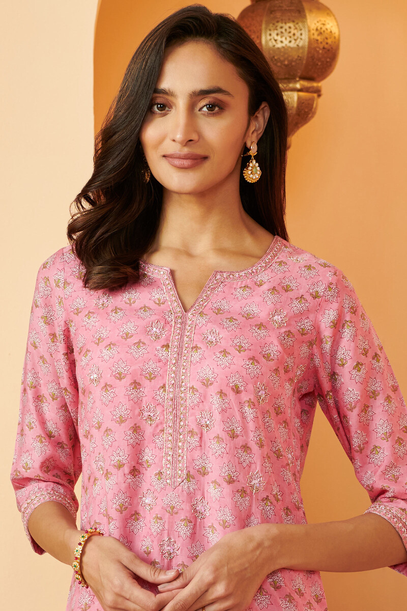 Pink Hand Block Printed Straight Modal Kurta