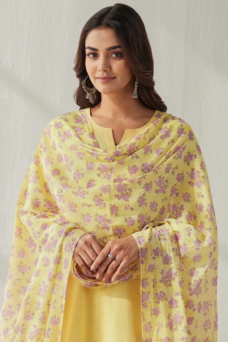 Yellow Hand Block Printed Cotton Mul Dupatta