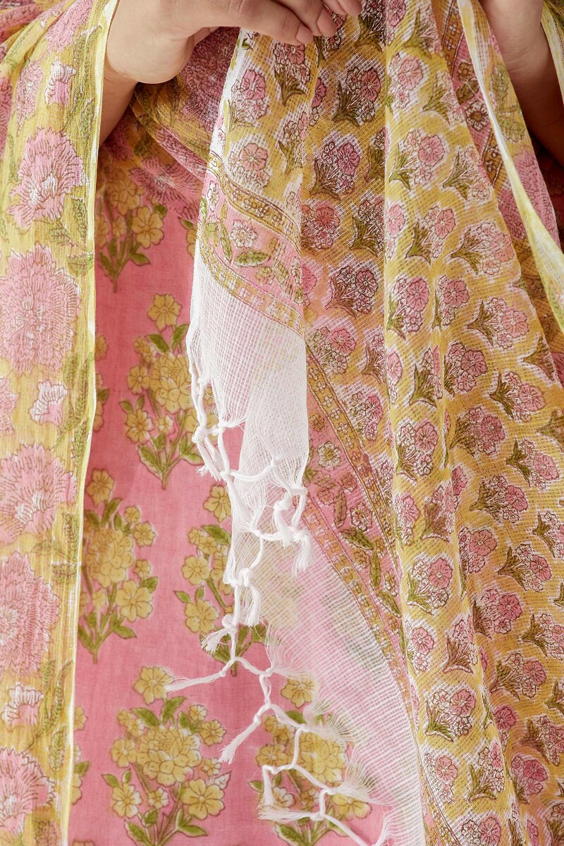 Yellow Hand Block Printed Kota Dupatta