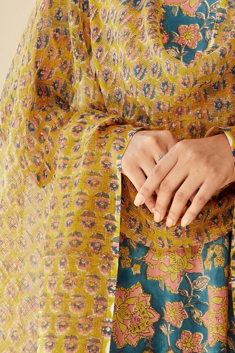 Yellow Hand Block-Printed Kota Dupatta