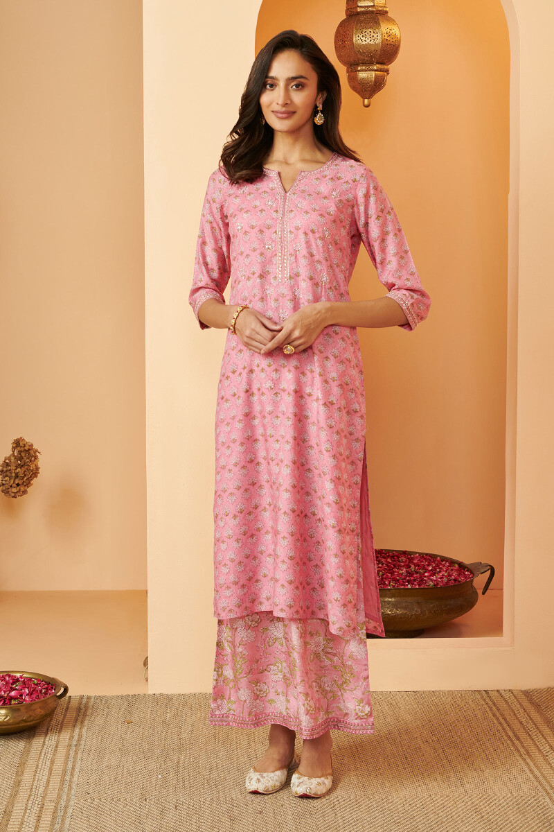 Pink Hand Block Printed Straight Modal Kurta